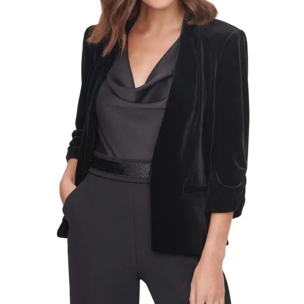 NWT Eliza J Womens Size Large Black Velvet Rucched Sleeve Blazer Formal Office